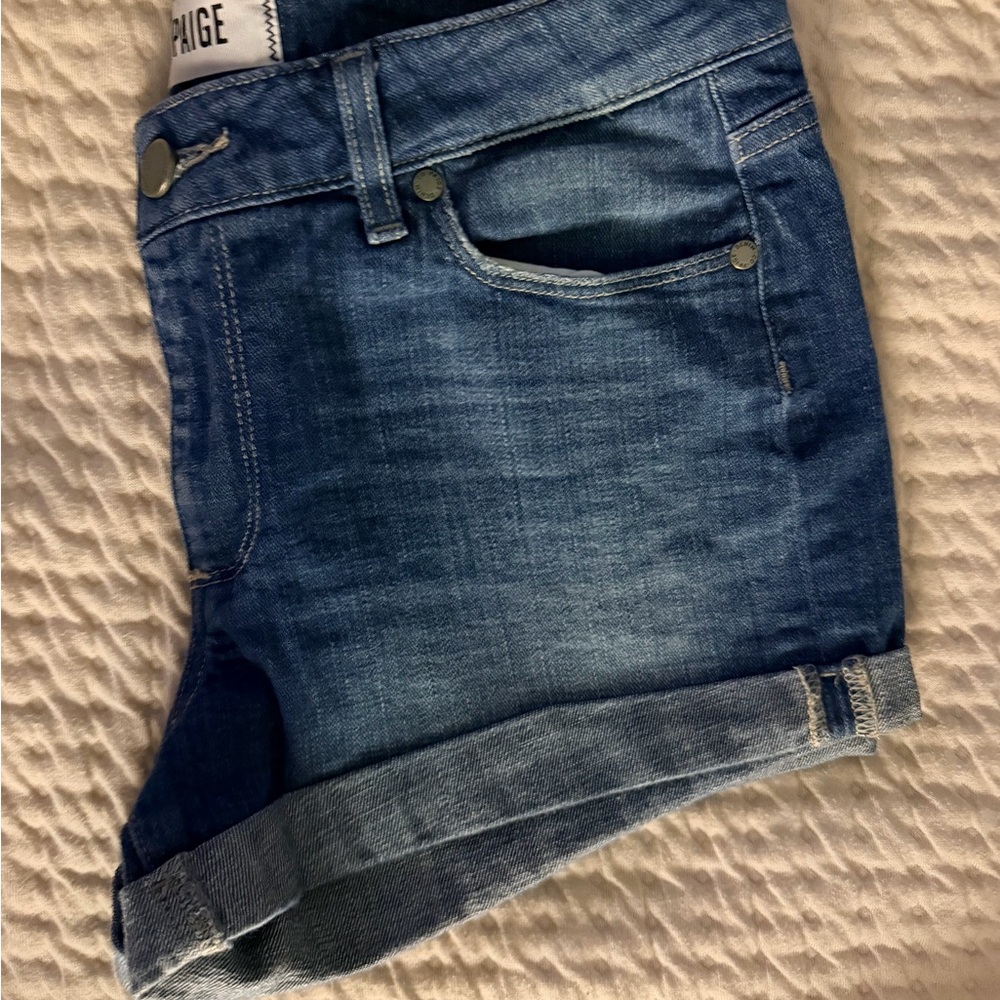 PAIGE Medium Blue Rolled Cuff Denim Shorts - Picture 2 of 7